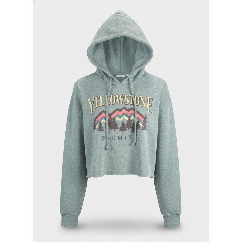 Mighty Fine Yellowstone Wyoming Cropped Hoodie Sage Green Graphic Sweatshirt
